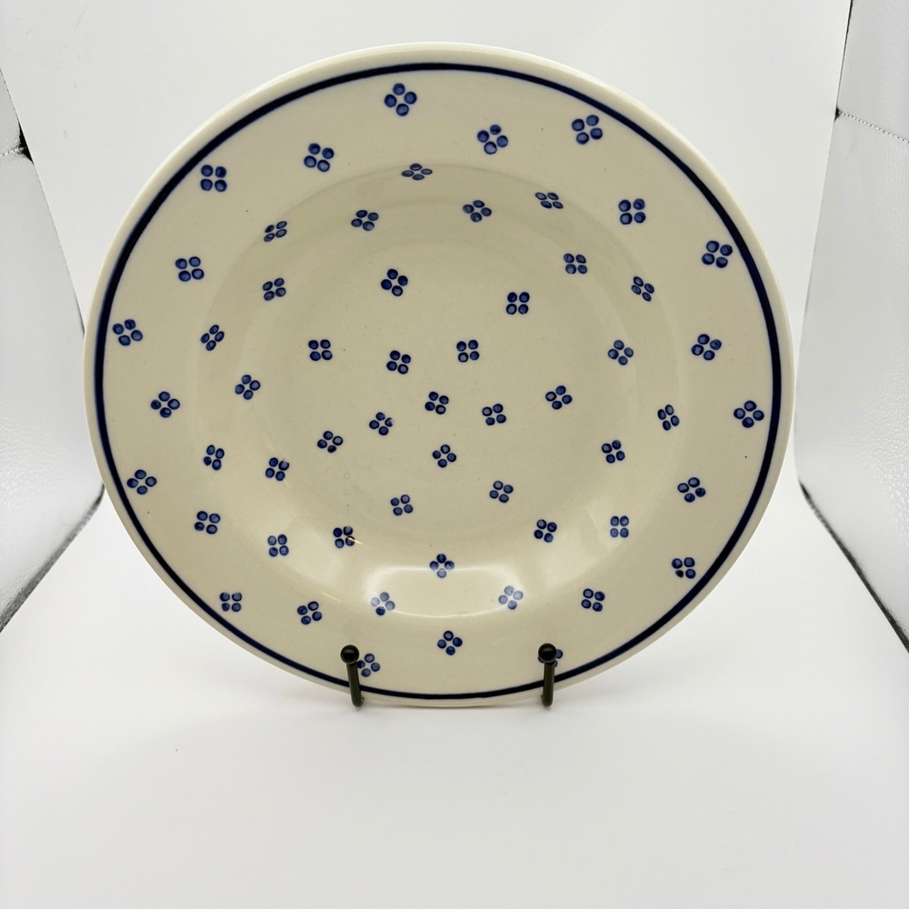 Boleslawiec Polish Pottery 9" Rimmed Soup Bowl Blue Floral Hand Made in Poland